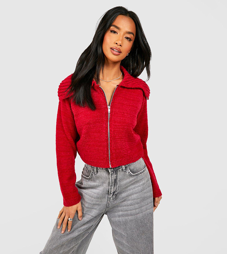 Buy Boohoo Petite Boucle Zip Through Cropped Cardigan In Red