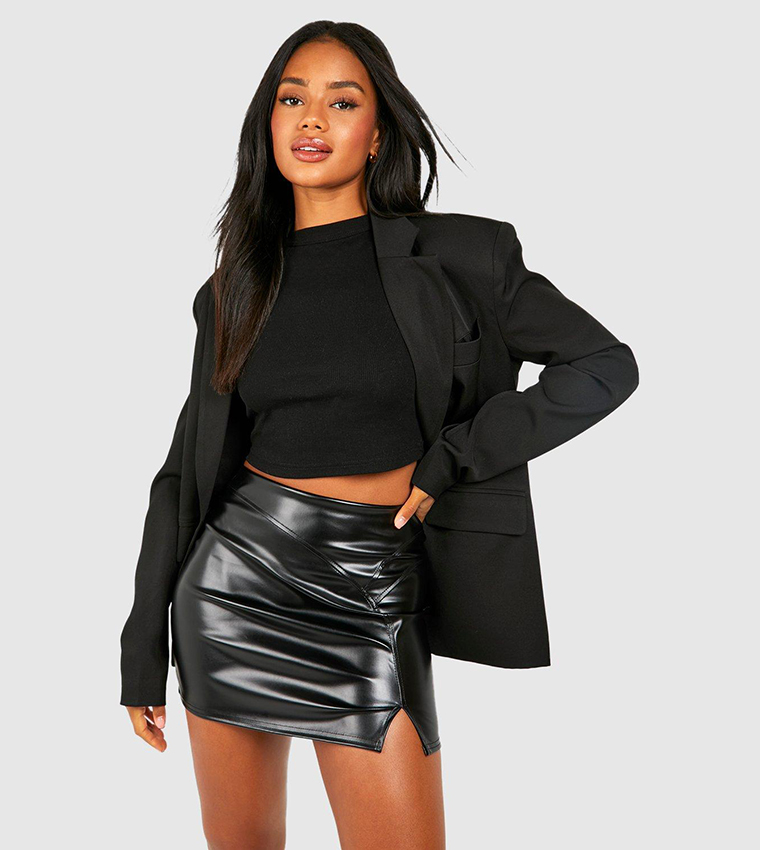 Oasis black leather 2024 look mini skirt