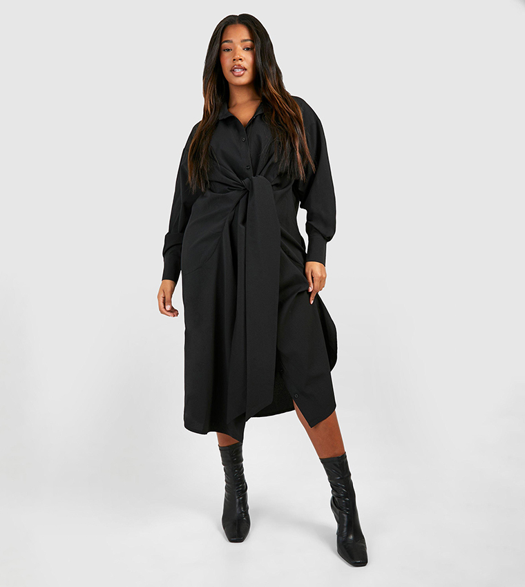 Plus Textured Woven Tie Front Midi Shirt Dress