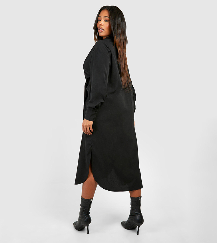 Plus Textured Woven Tie Front Midi Shirt Dress