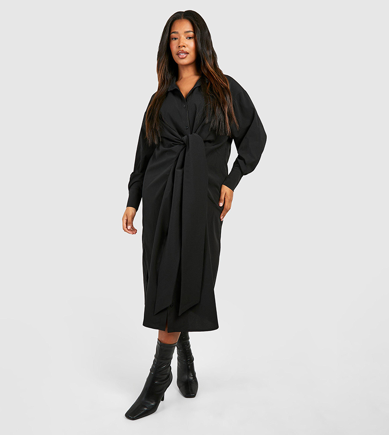 Plus Textured Woven Tie Front Midi Shirt Dress