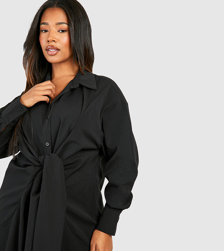 Plus Textured Woven Tie Front Midi Shirt Dress