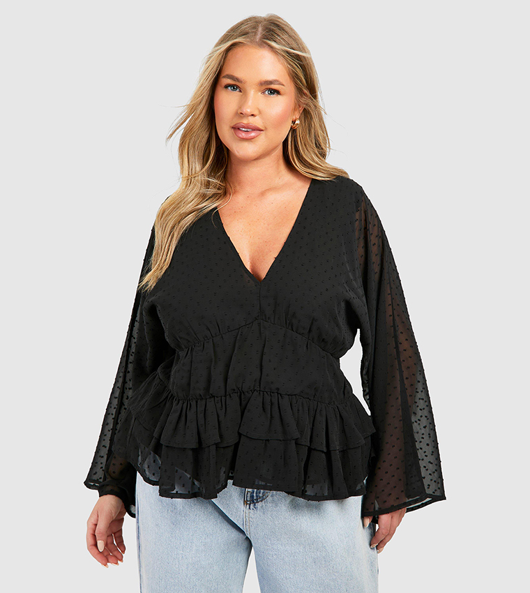 Buy Boohoo Plus Dobby Plunge Waistband Peplum Top In Black 6thStreet UAE