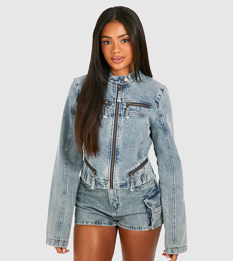 Buy Boohoo Zip Detail Slim Fit Denim Moto Jacket In Blue 6thStreet Qatar