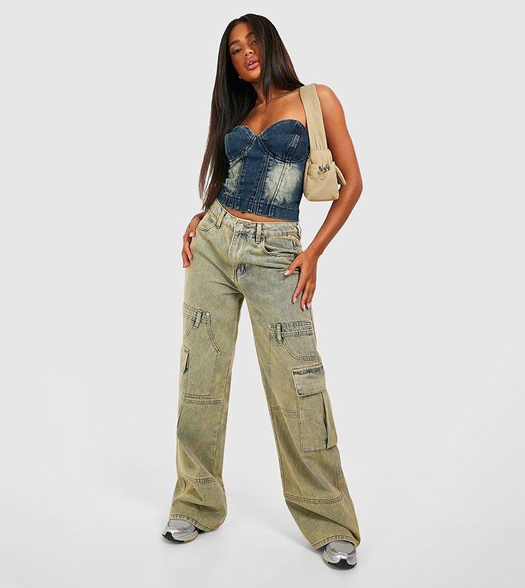 Yellow Tint Wide Leg Denim Cargo Jeans