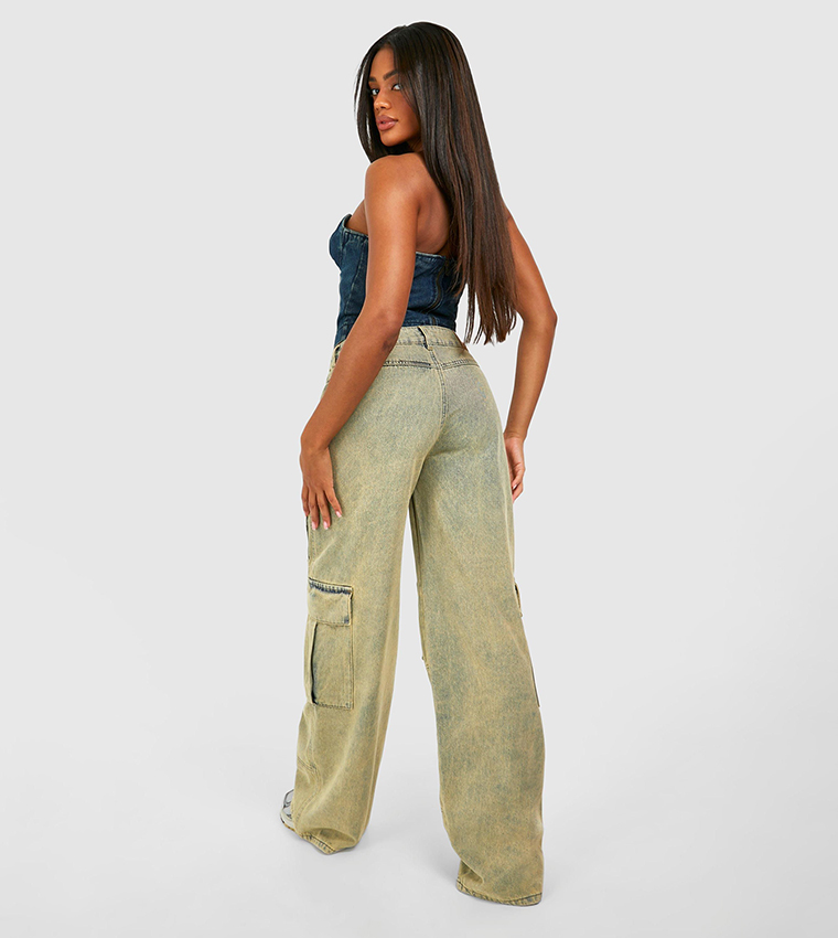 Yellow Tint Wide Leg Denim Cargo Jeans