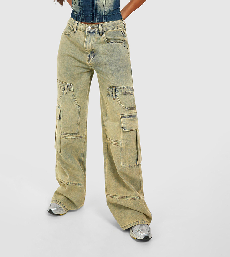 Yellow Tint Wide Leg Denim Cargo Jeans