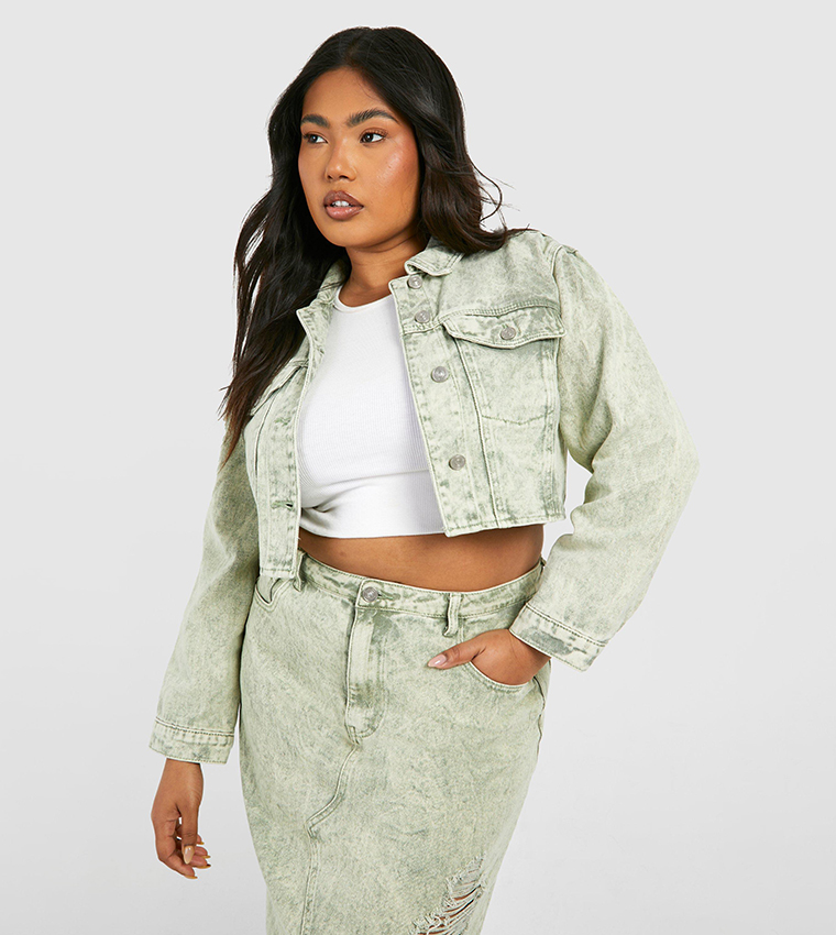 Buy Boohoo Curve Washed Khaki Acid Wash Crop Denim Jacket In Khaki 6thStreet Bahrain