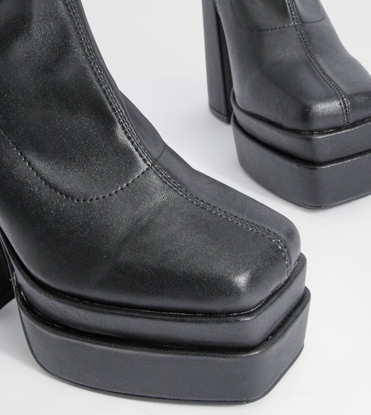 Buy Boohoo Platform Block Heel Stretch Pu Knee High Boots In Black ...