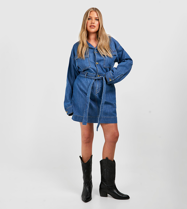 Curve Long Sleeves Tie Belt Denim Dress