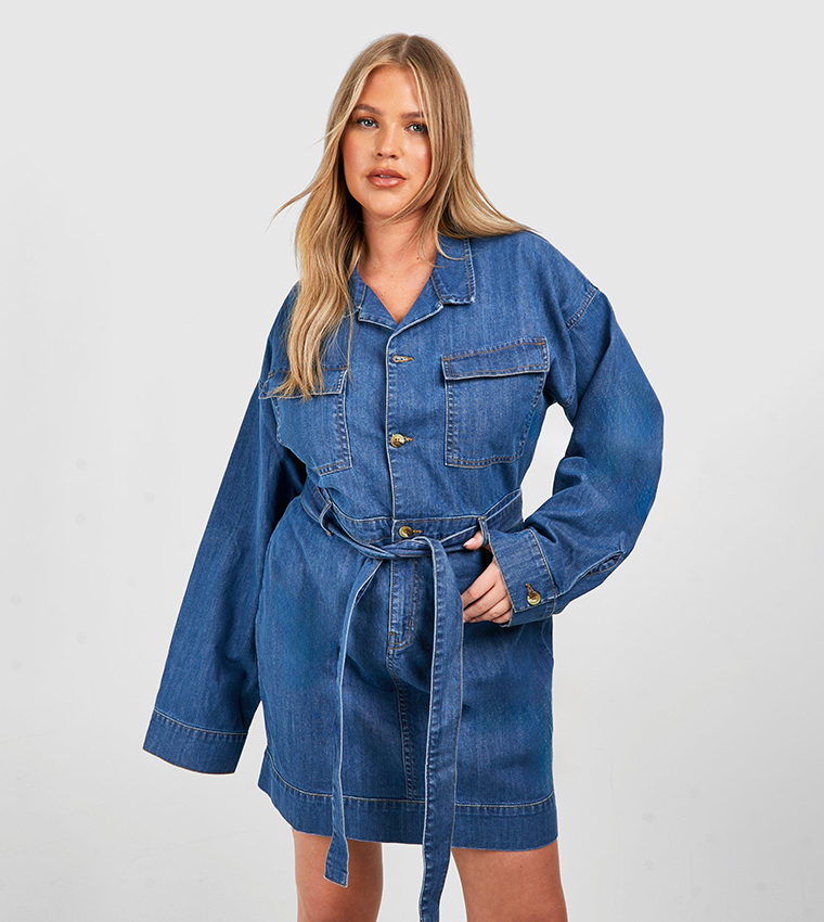 Curve Long Sleeves Tie Belt Denim Dress