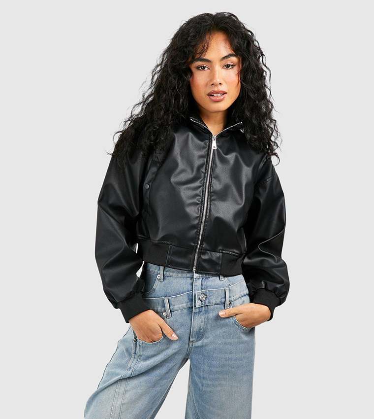 Buy Boohoo Cropped Faux Leather Zip Bomber Jacket In Black