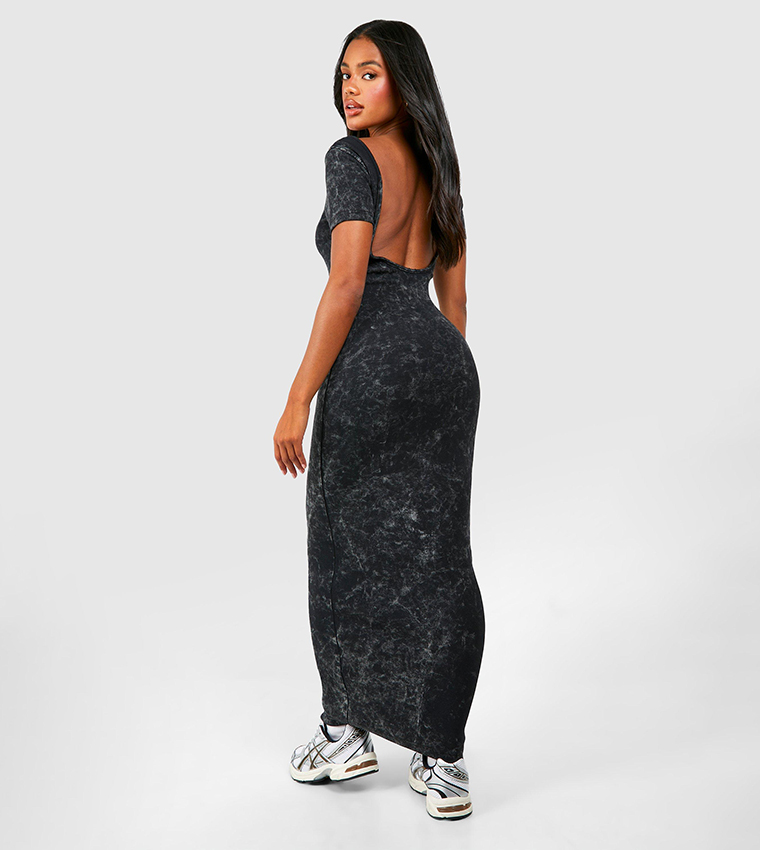 Buy Boohoo Acid Wash Cap Sleeves Low Back Bodycon Maxi Dress In Black |  6thstreet UAE