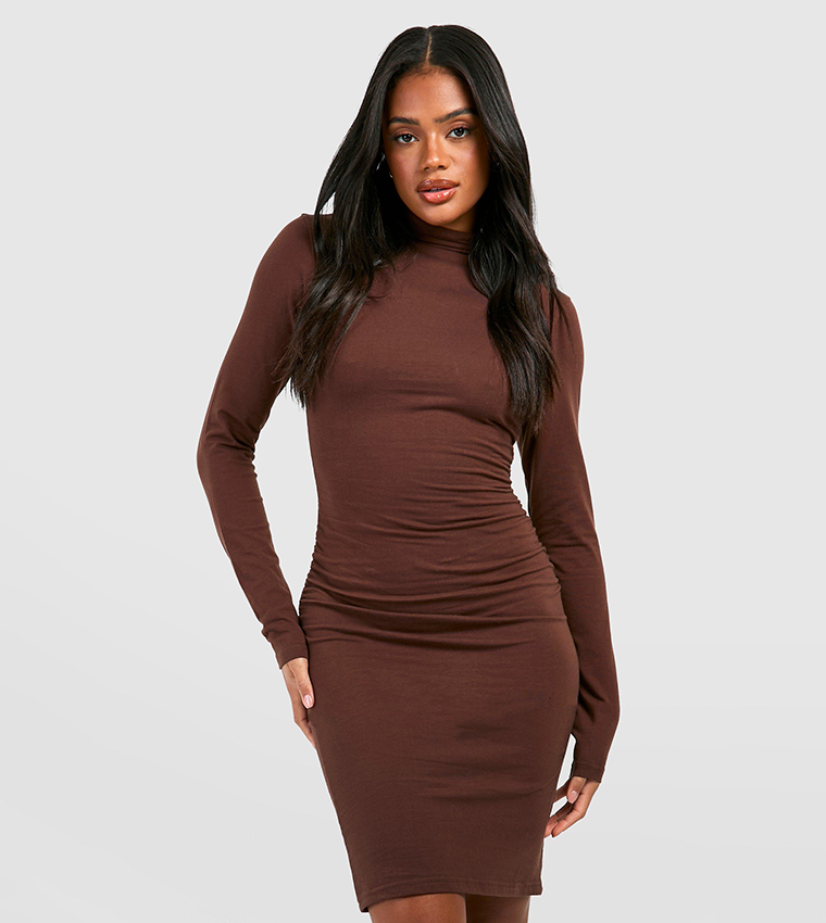 Buy Boohoo Mock Neck Ruched Long Sleeves Mini Dress In CHOCOLATE 6thStreet Oman