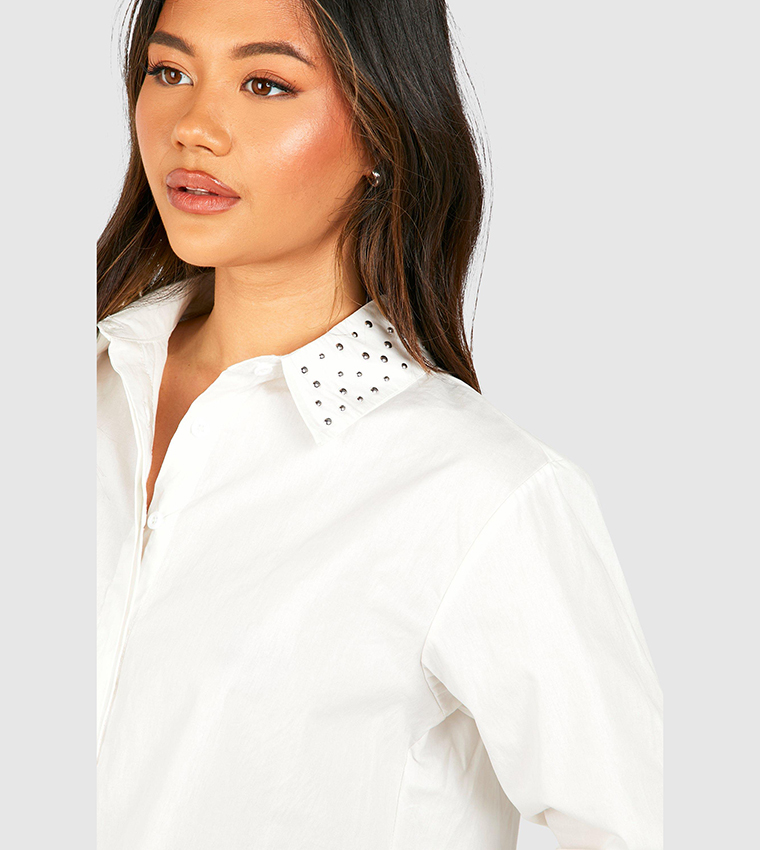 Buy Boohoo Studded Collar Poplin Cropped Shirt In White