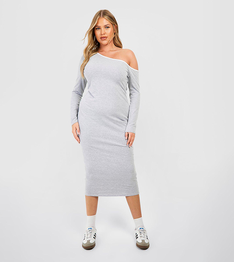 Buy Boohoo Plus Contrast Trim Off Shoulder Midi Dress In Grey