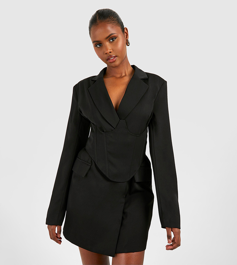 Tailored Blazer Dress Corset Waist Blazer Unbeaten Black Plunge