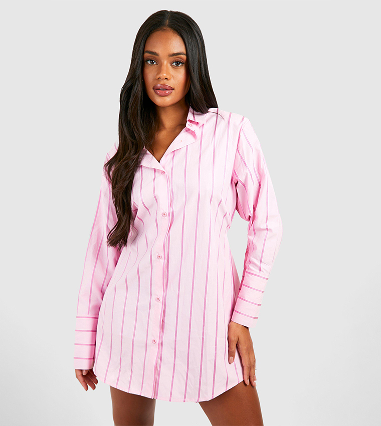 Striped Cinched Waist Shirt Dress