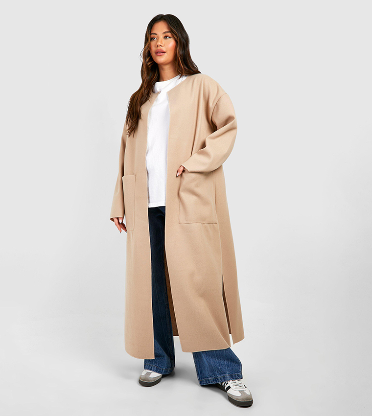 Buy Boohoo Solid Collarless Maxi Coat In STONE 6thStreet Saudi Arabia