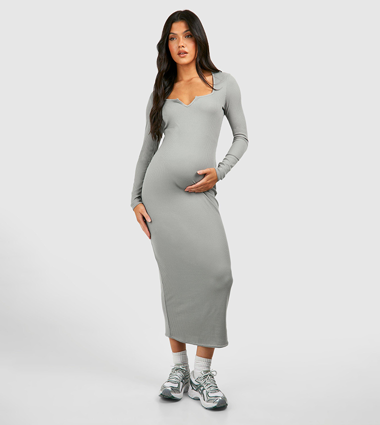 Buy Boohoo Maternity Ribbed Bodycon Dress In Grey | 6thstreet Qatar