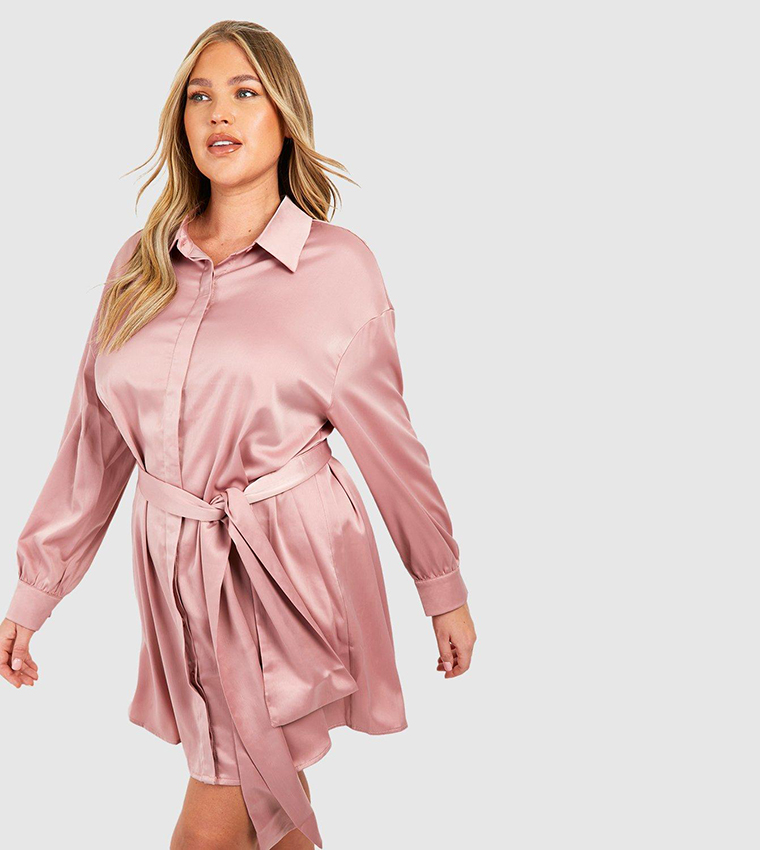 Buy Boohoo Plus Satin Tie Belt Shirt Dress In Pink 6thStreet Oman