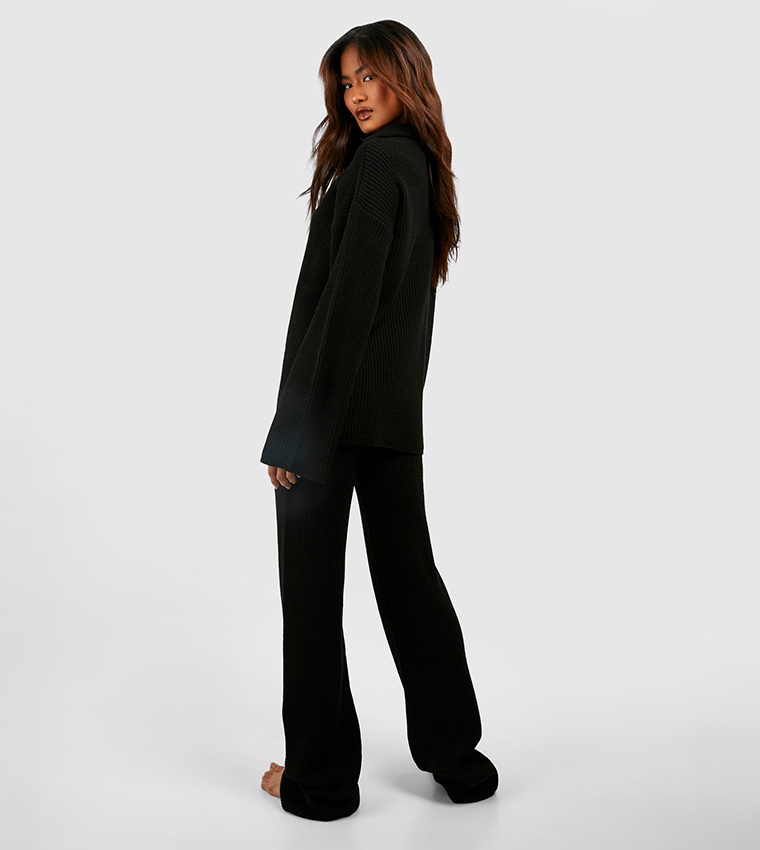 Buy Boohoo Tall Knitted Zip Funnel Neck Wide Leg Lounge Set In Black 6thStreet Bahrain