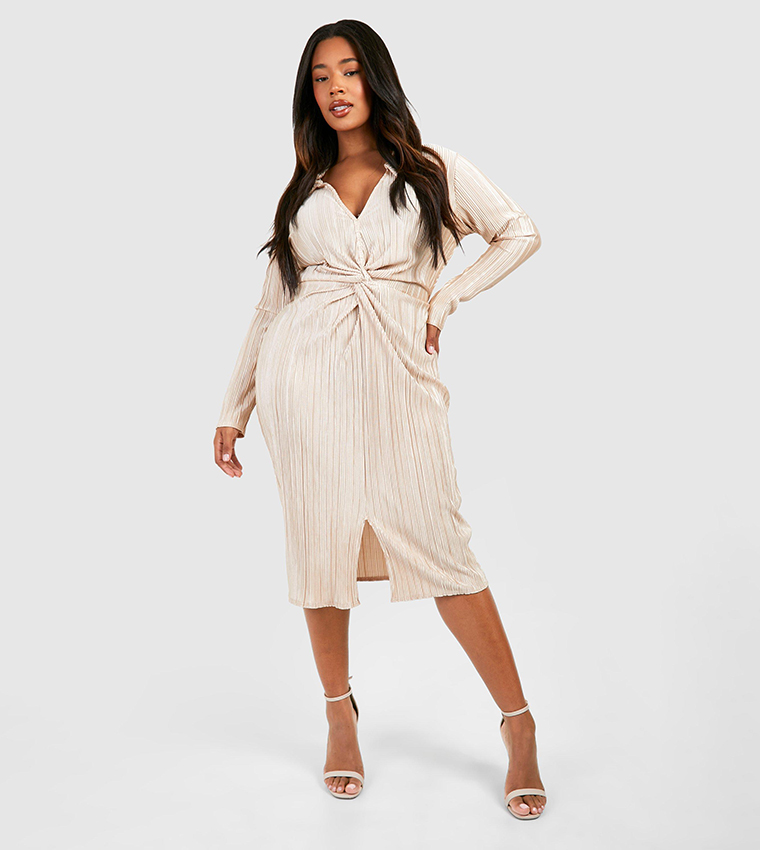 Buy Boohoo Plisse Twist Front Midi Shirt Dress In CHAMPAGNE | 6thstreet  Qatar