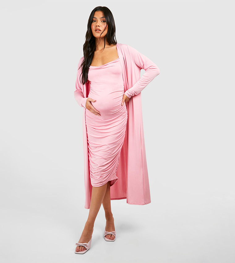 Buy Boohoo Maternity Strappy Cowl Neck Dress And Duster Coat In Pink 6thStreet Bahrain