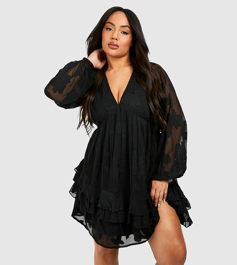 Curve Woven Jacquard Ruffle Hem Long Sleeves Mini Dress