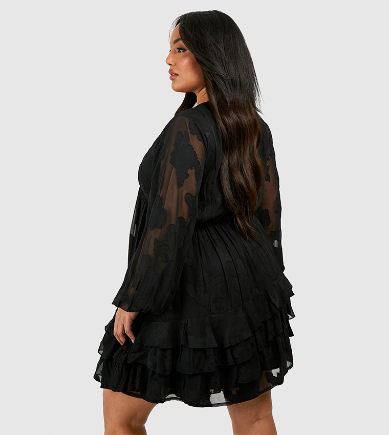 Curve Woven Jacquard Ruffle Hem Long Sleeves Mini Dress