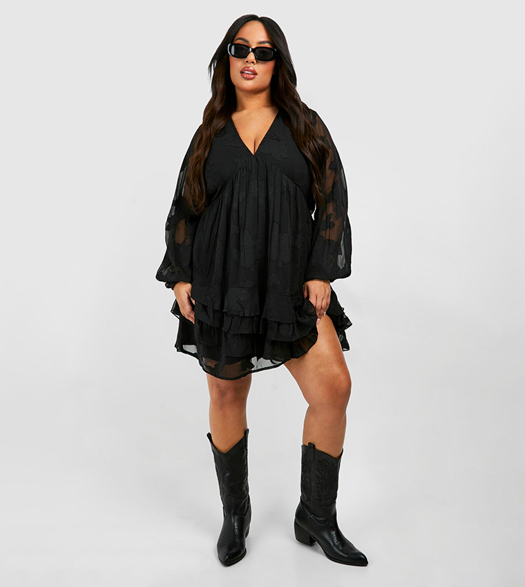 Curve Woven Jacquard Ruffle Hem Long Sleeves Mini Dress