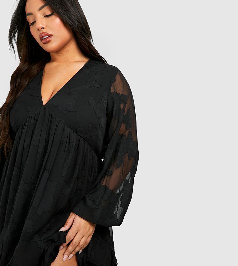 Curve Woven Jacquard Ruffle Hem Long Sleeves Mini Dress