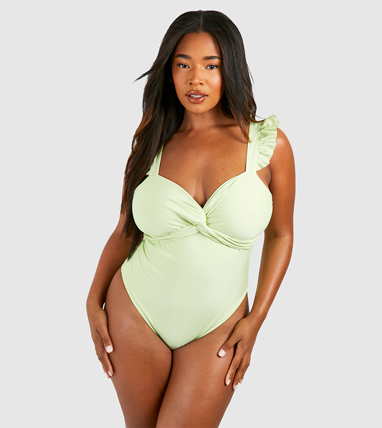 Buy Boohoo Knot Front Frill Should Swimsuit In Green 6thStreet