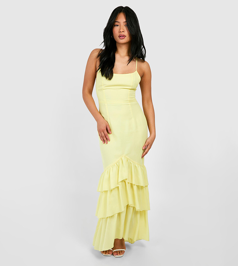 Buy Boohoo Petite Chiffon Ruffle Strappy Maxi Dress In Yellow