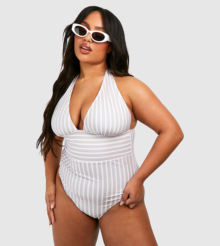 Buy Boohoo Plus Plunge Neck Striped Curve Enhancing Swimsuit In
