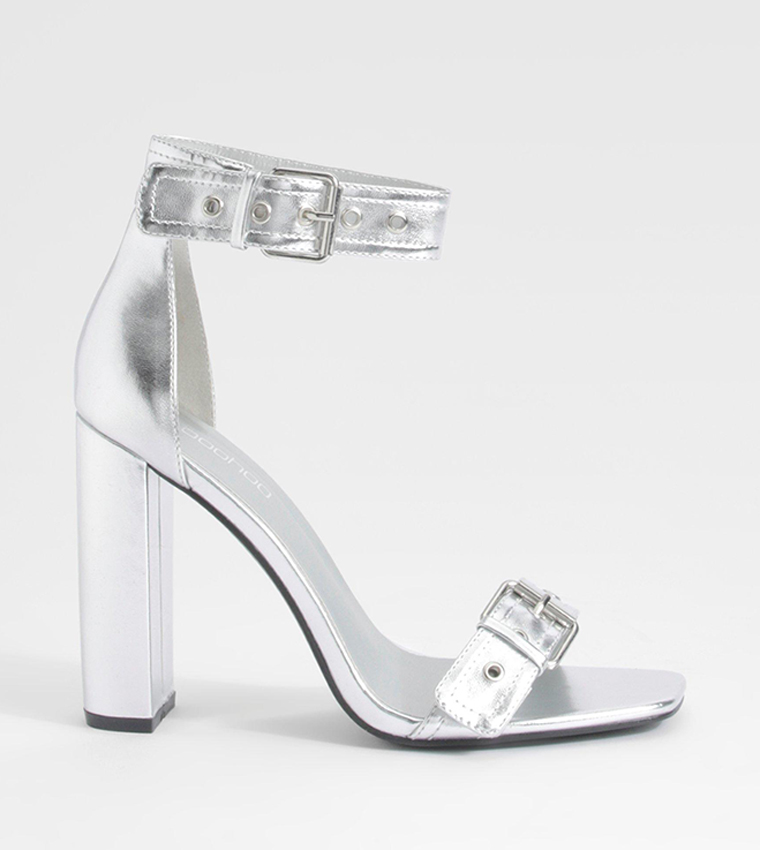 Buy Boohoo Chunky Buckle Strap Block Heel Sandals In Silver 6thStreet Kuwait