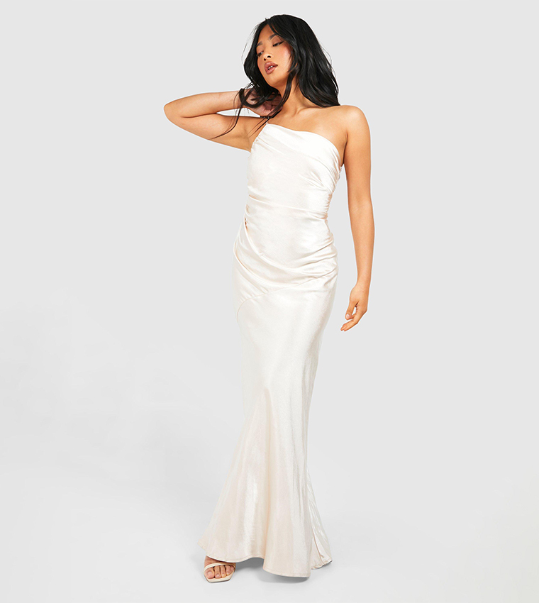 Petite Bridesmaid Satin Strappy Asymmetric Maxi Dress