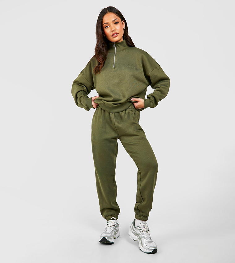 Buy Boohoo Petite Half Zipper Tracksuit In Olive 6thStreet Oman