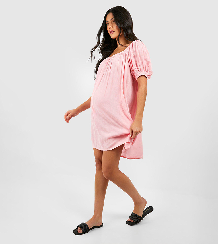 Buy Boohoo Puff Sleeves Maternity Mini Dress In Pink 6thStreet Oman