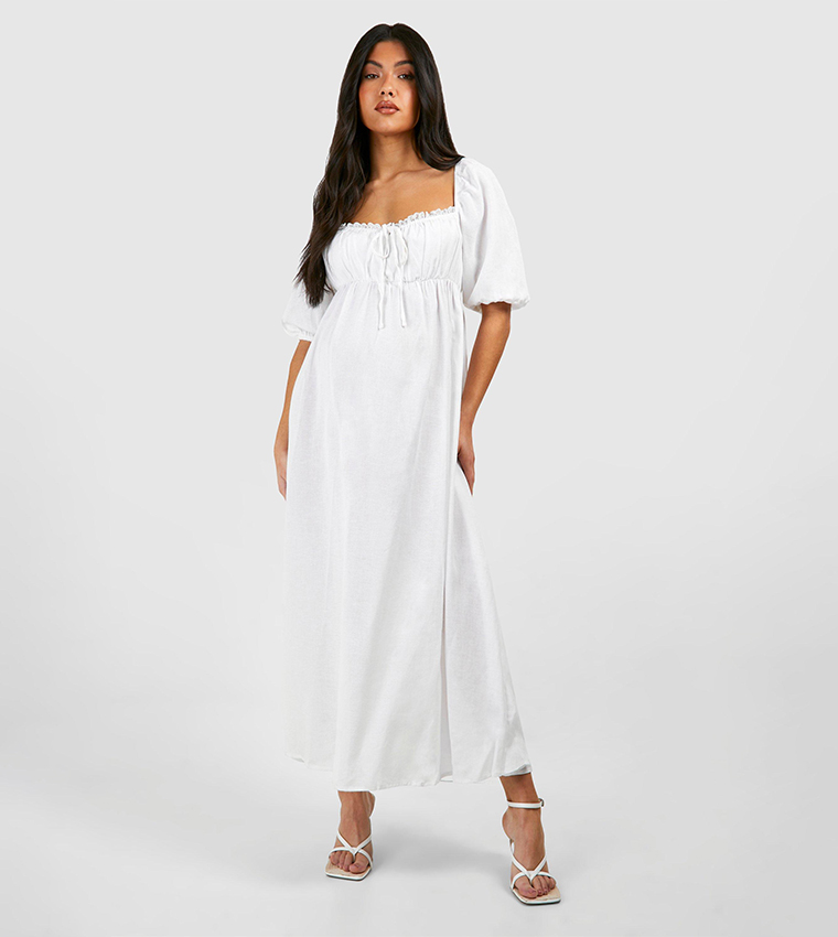 MILK　Mary dress Buy Boohoo Maternity Linen Milk Maid Midi Dress In White