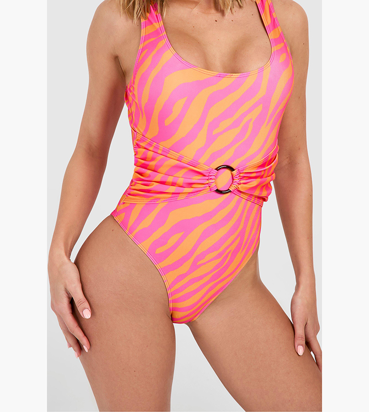 Buy Boohoo Tummy Control Zebra O Ring Scoop Swimsuit In Pink