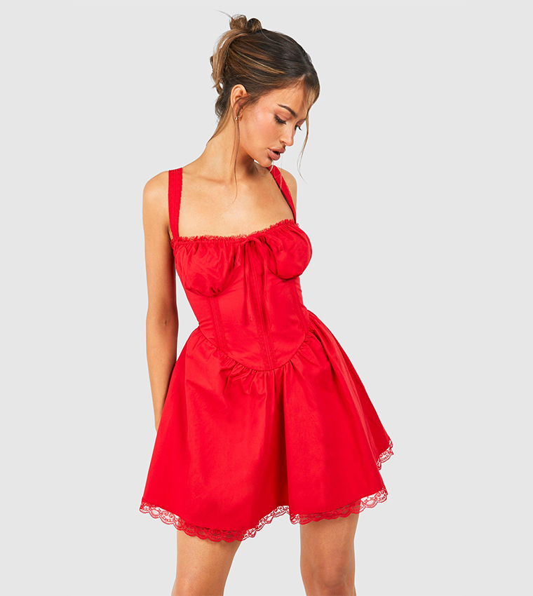 Buy Boohoo Cotton Strappy Milkmaid Mini Dress In Red | 6thstreet Bahrain