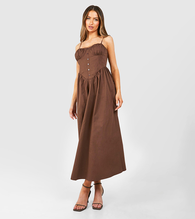 Buy Boohoo Cotton Midaxi Milkmaid Dress In Brown | 6thstreet UAE Buy Boohoo Cotton Midaxi Milkmaid Dress In Brown | 6thstreet UAE
