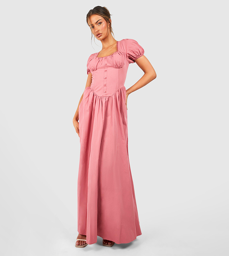 Sienna 100% Cotton Puff Sleeve Maxi Dress in Mute Pale Pink Plaid (Lined) - Bump Friendly