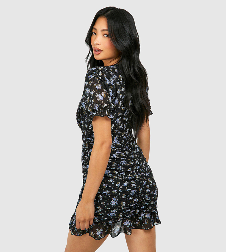 Buy Boohoo Petite Floral Ruched Mini Dress In Black 6thStreet Qatar