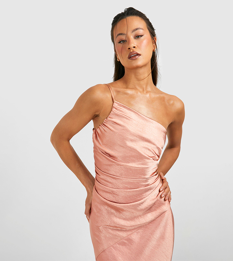 Buy Boohoo Tall Bridesmaid Satin Strappy Asymmetric Maxi Dress In Orange |  6thstreet UAE