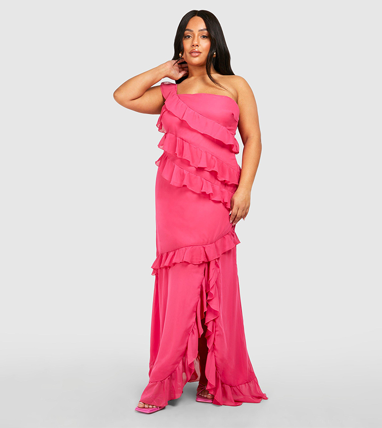 Buy Boohoo Curve Occasion Ruffle One Shoulder Maxi Dress In Pink