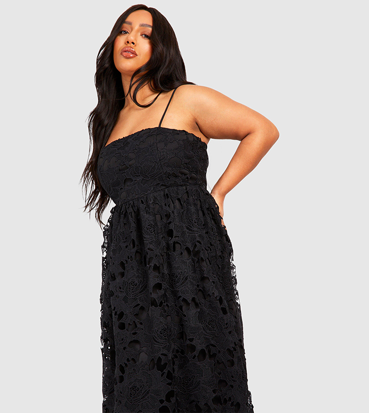 Buy Boohoo Curve Premium Lace Strappy Midi Skater Dress In Black