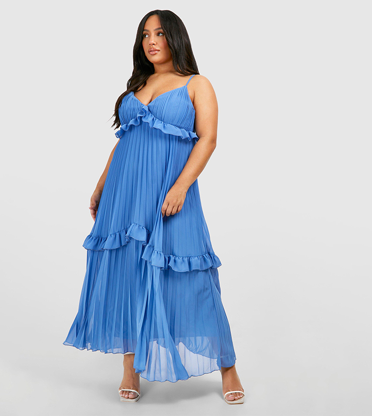 Buy Boohoo Curve Chiffon Volume Sleeves Midi Skater Dress In Blue |  6thstreet UAE