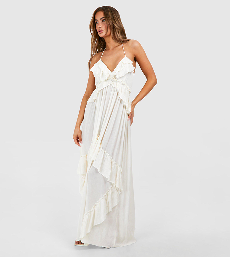 Buy Boohoo Cheesecloth Ruffle Smock Maxi Dress In Beige | 6thstreet Qatar